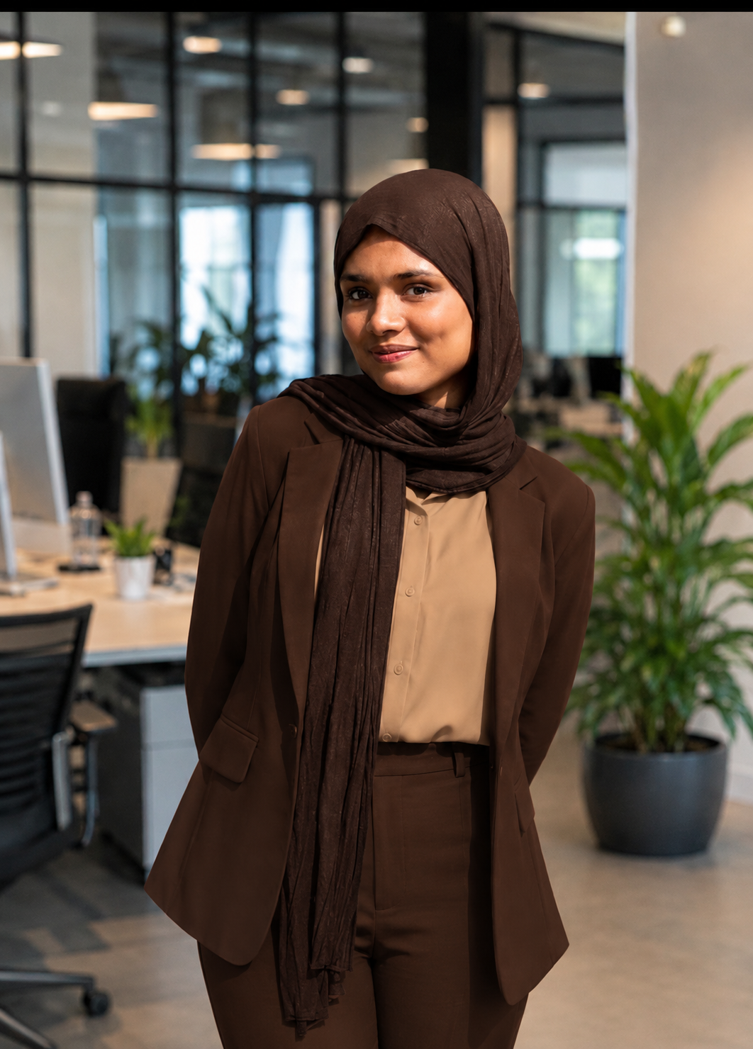 Fathima Jabeen in a brown hijab in a modern office